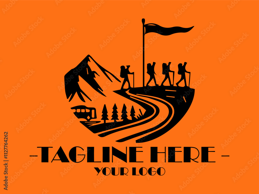 Black silhouettes show hikers exploring a mountain landscape with a structure. Suitable for travel brochures, adventure websites, or outdoorthemed designs Black silhouettes show hikers exploring a mountain landscape with a structure. Suitable for travel brochures, adventure websites, or outdoorthemed designs