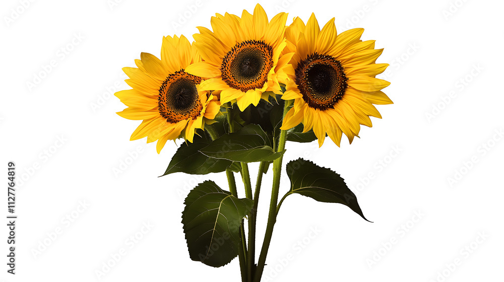 Obraz premium Three yellow sunflowers in a summer bouquet isolated