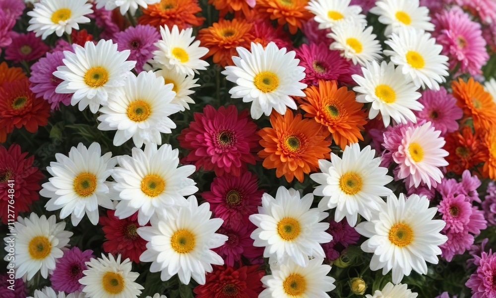 Close-up of white chrysanthemum surrounded by vibrant multicolored flowers, diverse, spring, colorful Close-up of white chrysanthemum surrounded by vibrant multicolored flowers, diverse, spring, colorful