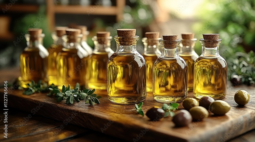 Small bottles of olive oil on wooden board with olives and herbs. Small bottles of olive oil on wooden board with olives and herbs.