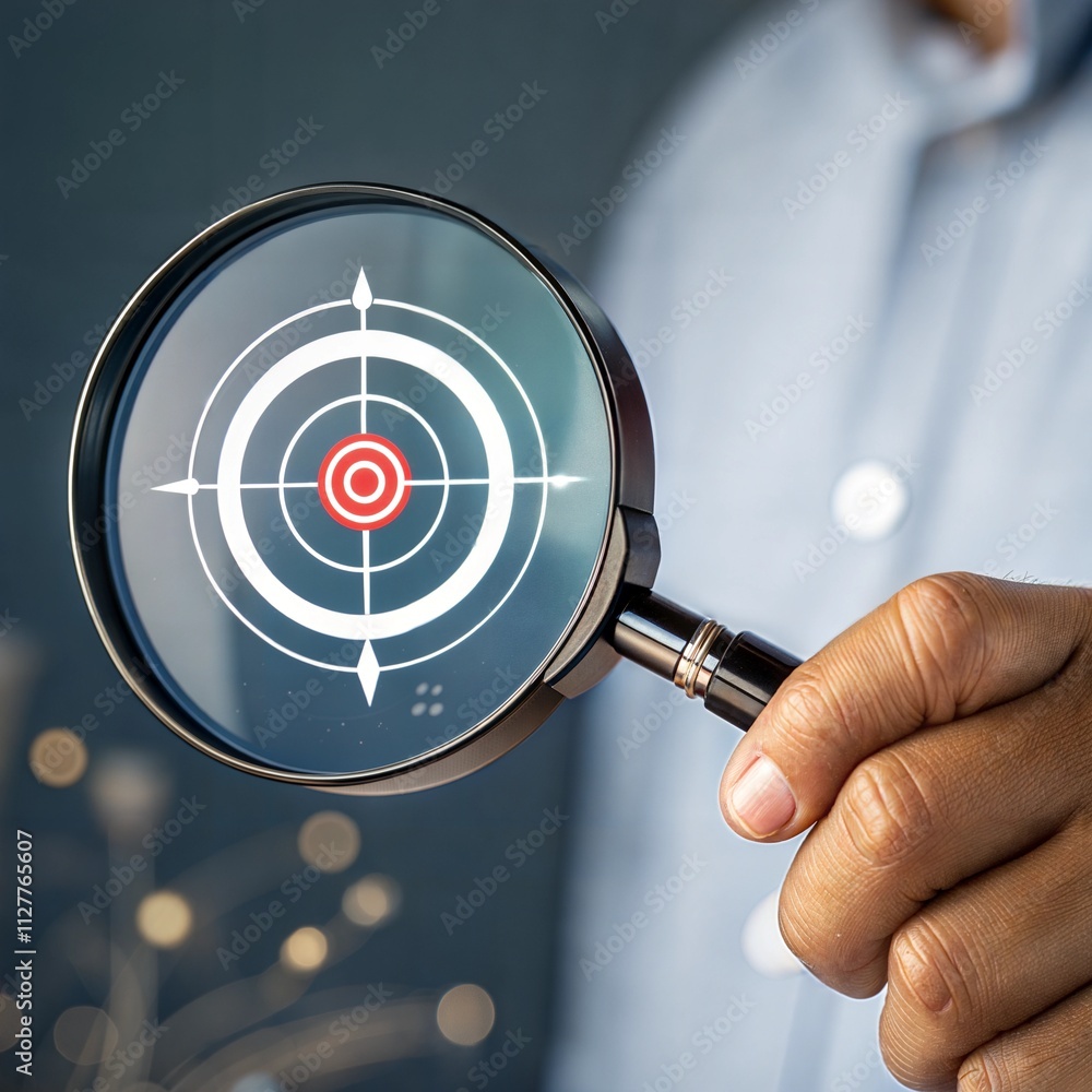 © Tekin - Hand holding a magnifier over the target icon. Focusing on a target concept. © Tekin - Hand holding a magnifier over the target icon. Focusing on a target concept.