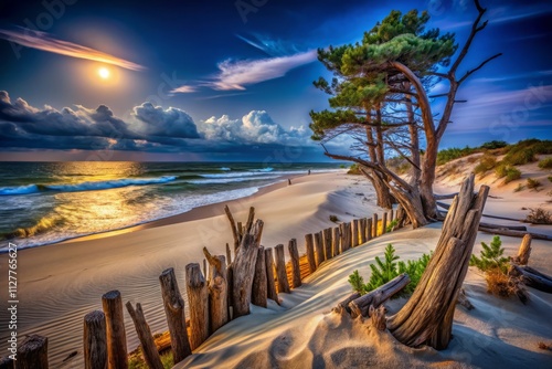 Night Photography: NJ Island Beach State Park Dune Erosion Control - Dead Pine Tree Barrier photo