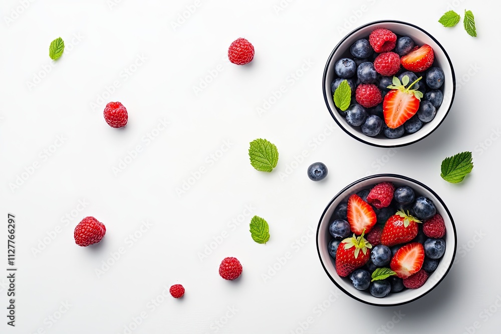 Fresh summer berries in the bowls. Blueberries, strawberries, raspberries shoot from the top isolated on white background Fresh summer berries in the bowls. Blueberries, strawberries, raspberries shoot from the top isolated on white background