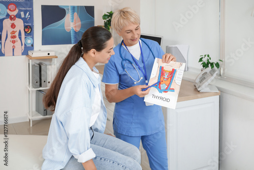 Female endocrinologist showing structure of thyroid gland to patient in clinic