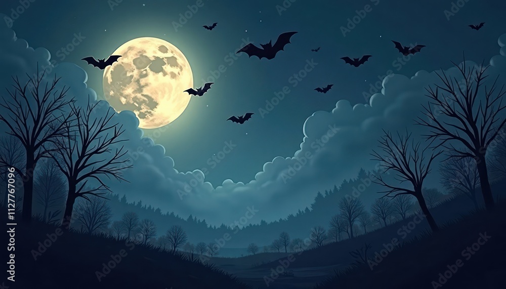 Spooky Halloween night. Full moon shines on dark forest. Bats fly across spooky sky. Dark blue sky with clouds. Halloween theme. Illustration for spooky holiday. Night scene with silhouette trees. Spooky Halloween night. Full moon shines on dark forest. Bats fly across spooky sky. Dark blue sky with clouds. Halloween theme. Illustration for spooky holiday. Night scene with silhouette trees.