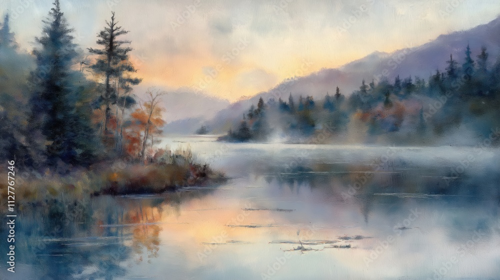 A tranquil lake surrounded by misty mountains and colorful trees at dawn. A tranquil lake surrounded by misty mountains and colorful trees at dawn.