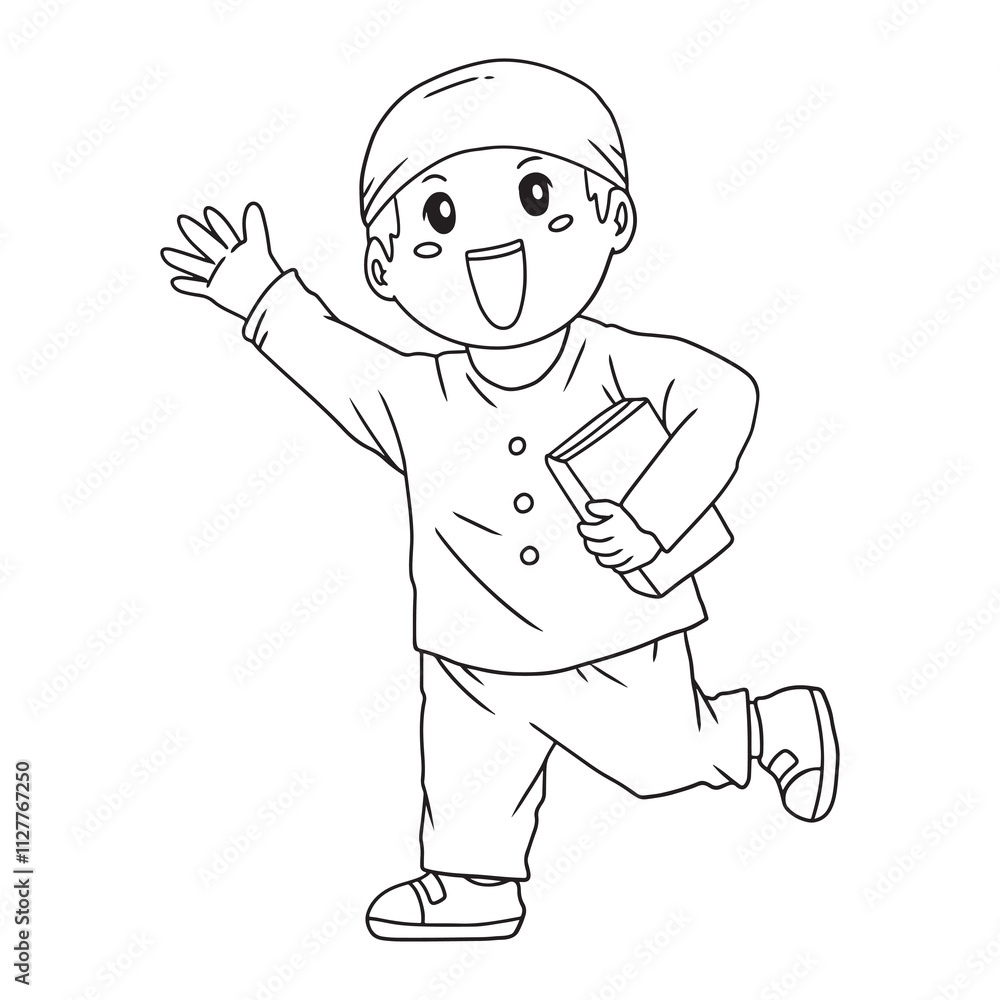 Cartoon illustration of an islam little boy with islamic outfit and happy face. Suitable for coloring book, coloring page, etc Cartoon illustration of an islam little boy with islamic outfit and happy face. Suitable for coloring book, coloring page, etc