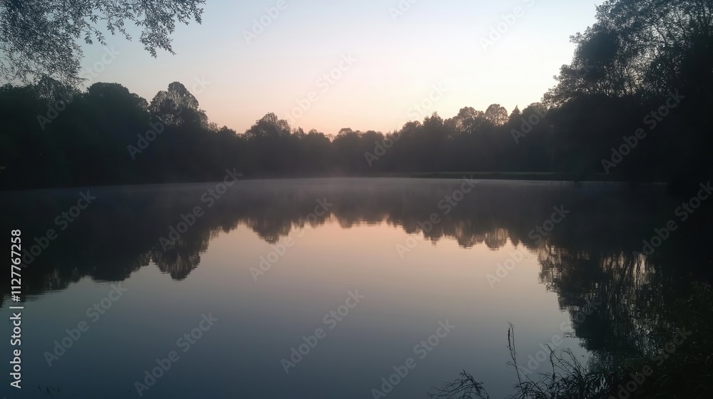 Fototapeta premium A tranquil lake reflecting the soft colors of dawn with mist rising from the water.