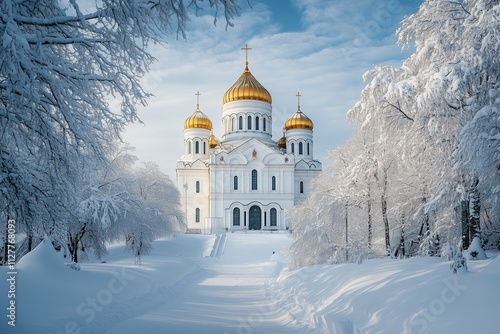 A picturesque view of the Cathedral of Christ the Saviour surrounded by snow-covered trees, its golden domes shining under a clear winter sky