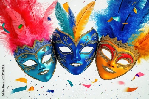 Colorful carnival masks decorated with vibrant feathers, glitter adorn white background strewn with confetti, streamers. Festive masks in blue turquoise orange, red celebratory. Mardi Gras theme. New photo