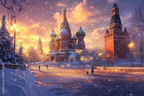 A snow-covered Red Square glowing under soft golden lights, with Saint Basil’s Cathedral sparkling as if made of ice and diamonds photo