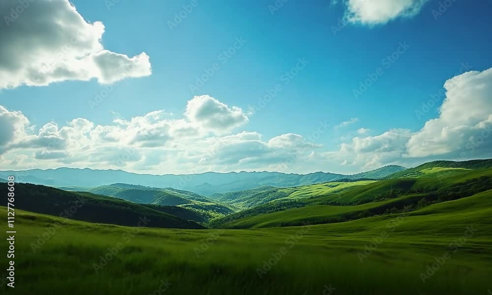 Serene landscape with rolling green hills and clouds. Serene landscape with rolling green hills and clouds.