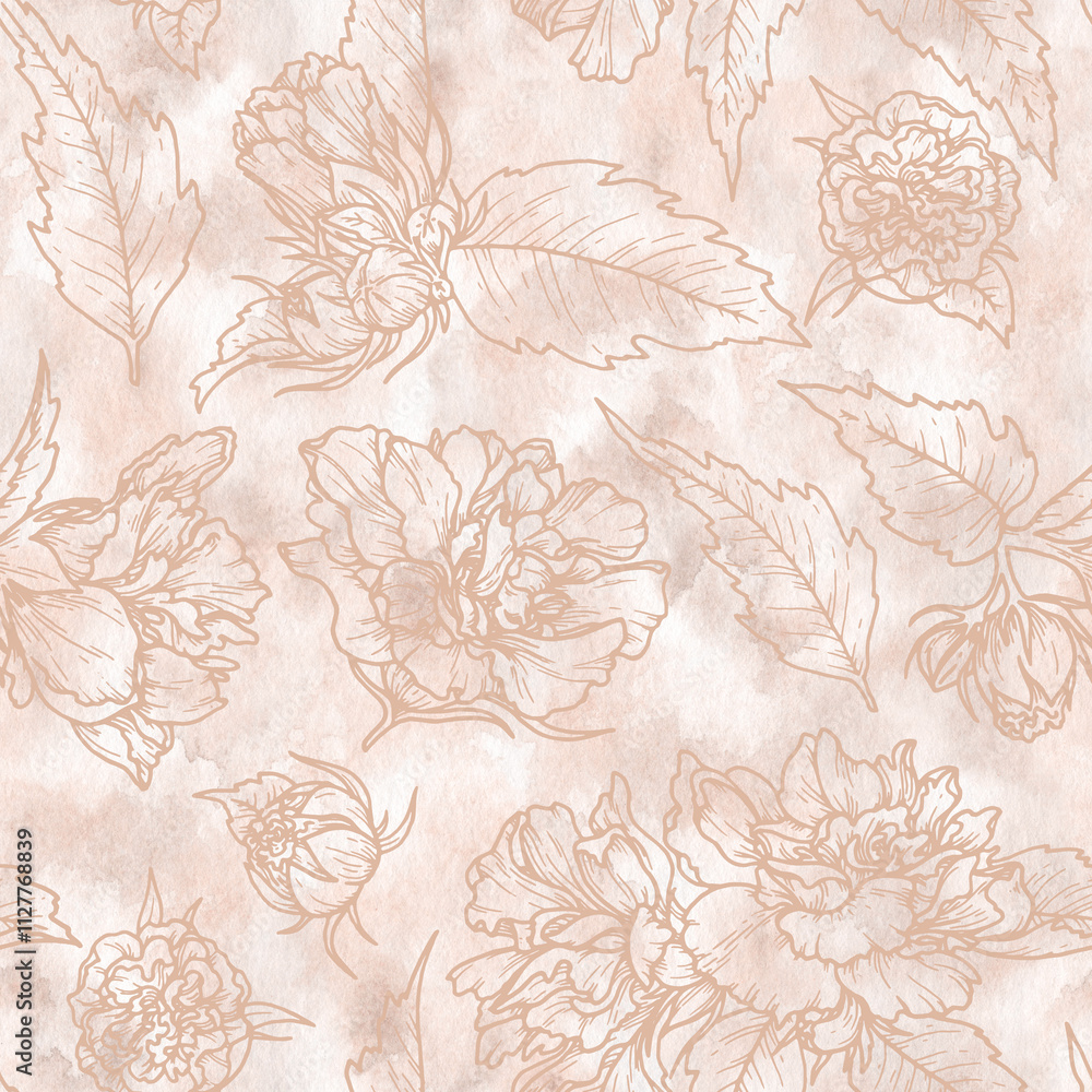 Fototapeta premium Watercolor texture floral seamless pattern in the 2025 color of the year Mocha Mousse. Hand drawn background with warm brown tone. Perfect for creating trendy graphic resource and designs.