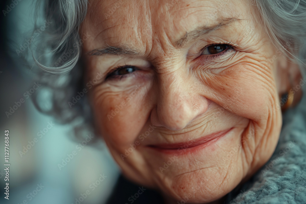Gentle portrait of an elderly woman with a soft smile, focus on her wisdom-filled eyes, classic and timeless style Gentle portrait of an elderly woman with a soft smile, focus on her wisdom-filled eyes, classic and timeless style