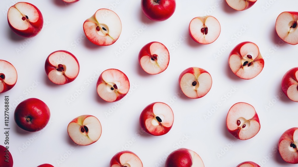 Fresh red apples sliced in half, showcasing their juicy interior against a white background. Fresh red apples sliced in half, showcasing their juicy interior against a white background.