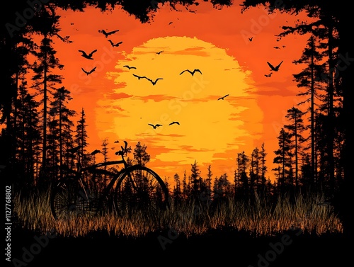 Vintage Bicycle Silhouetted Against a Fiery Sunset Forest photo