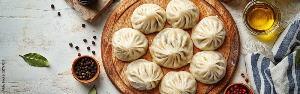 Uncooked dumplings arranged on a parchment-lined wooden board Uncooked dumplings arranged on a parchment-lined wooden board