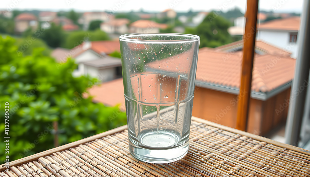 Close-up empty shabby old glass with limescale. Textured bamboo wooden surface table mat on balcony. Nature green, houses city view background. Dehydration, alcoholism quitting bad habits addictions Close-up empty shabby old glass with limescale. Textured bamboo wooden surface table mat on balcony. Nature green, houses city view background. Dehydration, alcoholism quitting bad habits addictions
