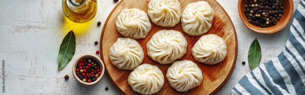 Uncooked dumplings arranged on a parchment-lined wooden board Uncooked dumplings arranged on a parchment-lined wooden board