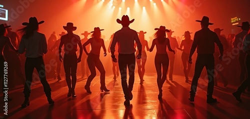 People dancing country line dance in nightclub. Group dancing on dance floor. Stylish clothing and cowboy hats. Energetic atmosphere with spotlights. Night club scene.