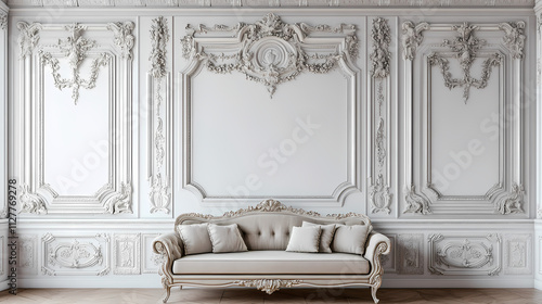 Design with stucco mouldings and rococo style illustration on white wall. Rococo. Illustration photo