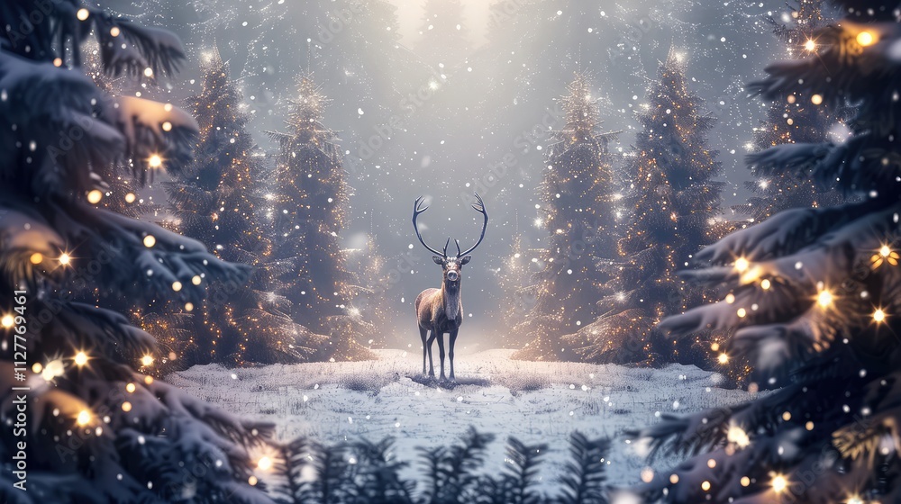Christmas banner with magical scene of a reindeer in center in snowy forest with Christmas trees with lights and stars with copy space Christmas banner with magical scene of a reindeer in center in snowy forest with Christmas trees with lights and stars with copy space