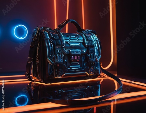 Stylish black handbag with futuristic design and glowing accents. photo