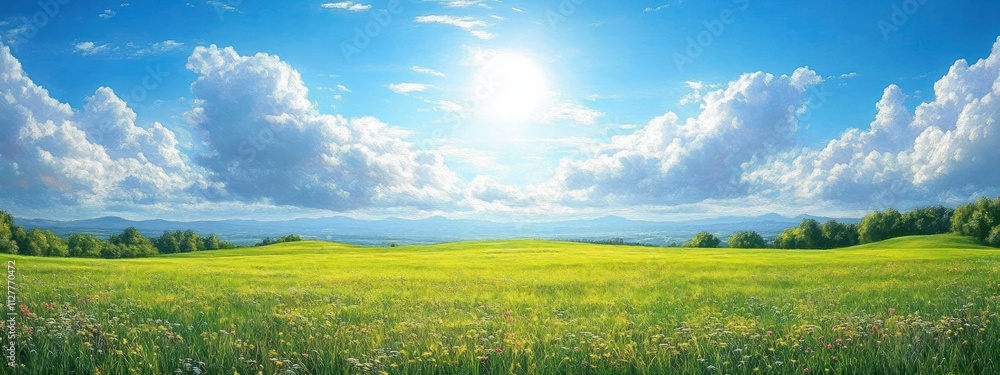 Fototapeta premium Vibrant landscape of green fields under blue sky with clouds and sunlight on a beautiful summer day