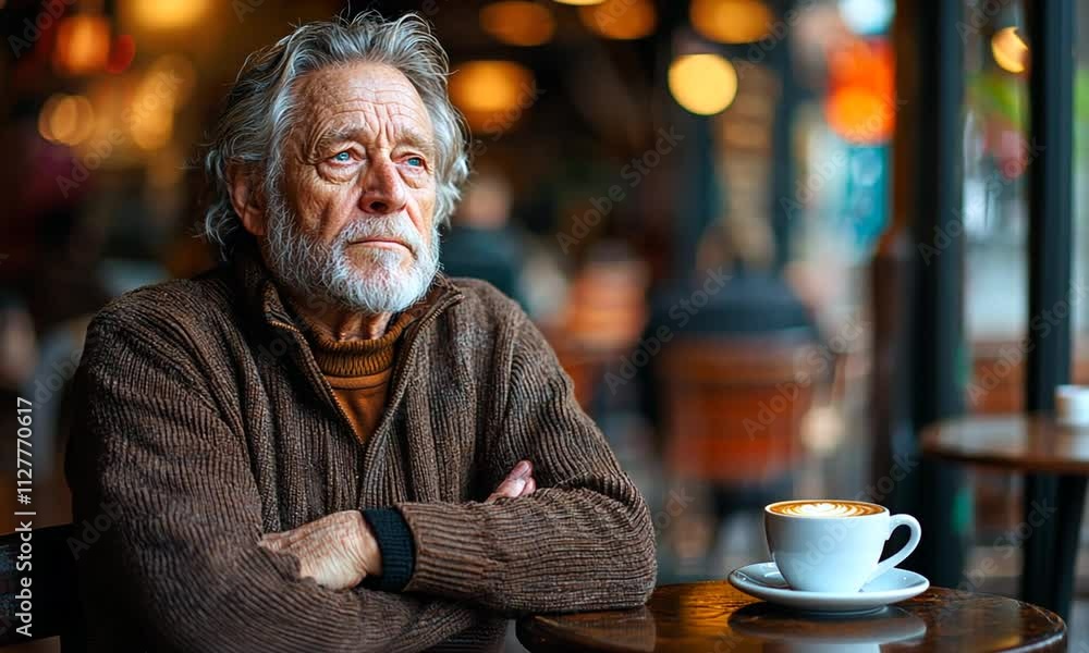An elderly man gazes thoughtfully while sitting in a caf?, with a cup of coffee nearby. An elderly man gazes thoughtfully while sitting in a caf?, with a cup of coffee nearby.