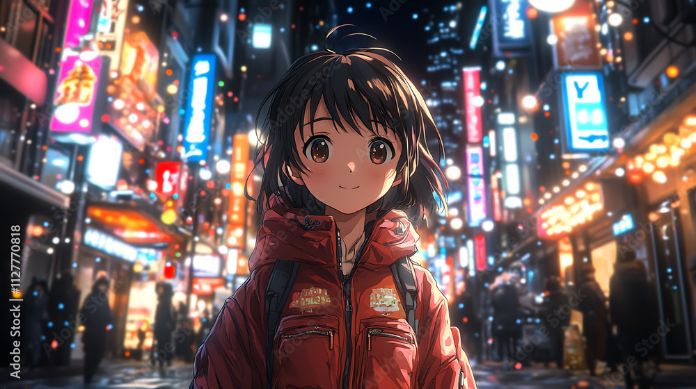 Anime Girl in Vibrant Neon Cityscape at Night: A Digital Art Masterpiece