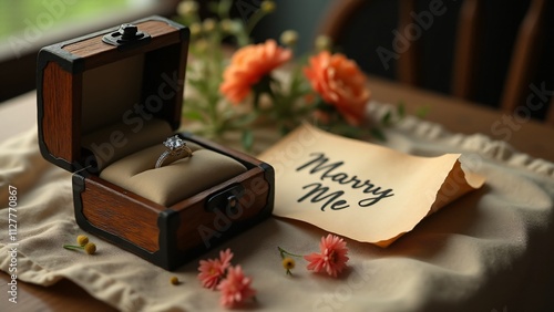 A rustic proposal scene with a diamond ring in a wooden box, wildflowers, and a 