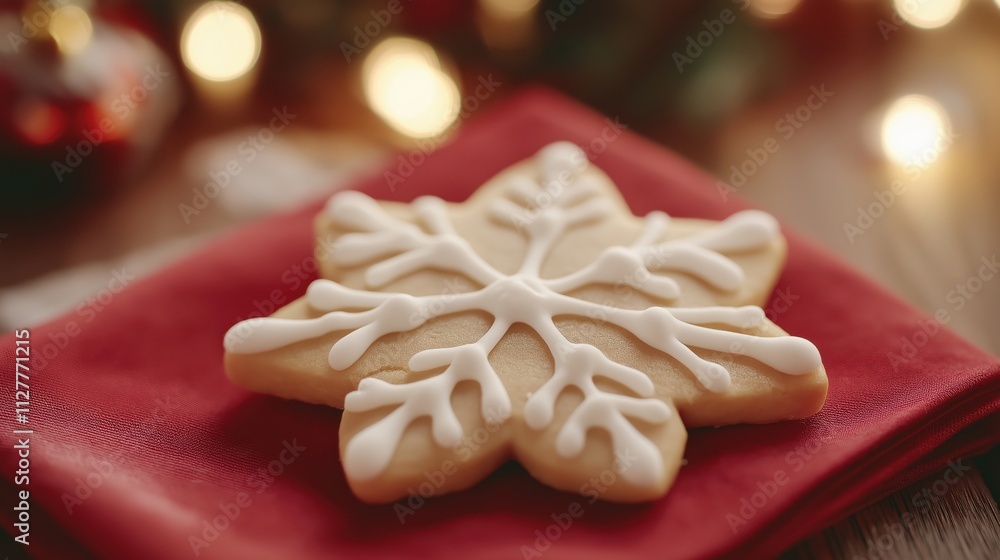 A beautifully decorated snowflake cookie placed on a red napkin with festive lights in the background. A beautifully decorated snowflake cookie placed on a red napkin with festive lights in the background.