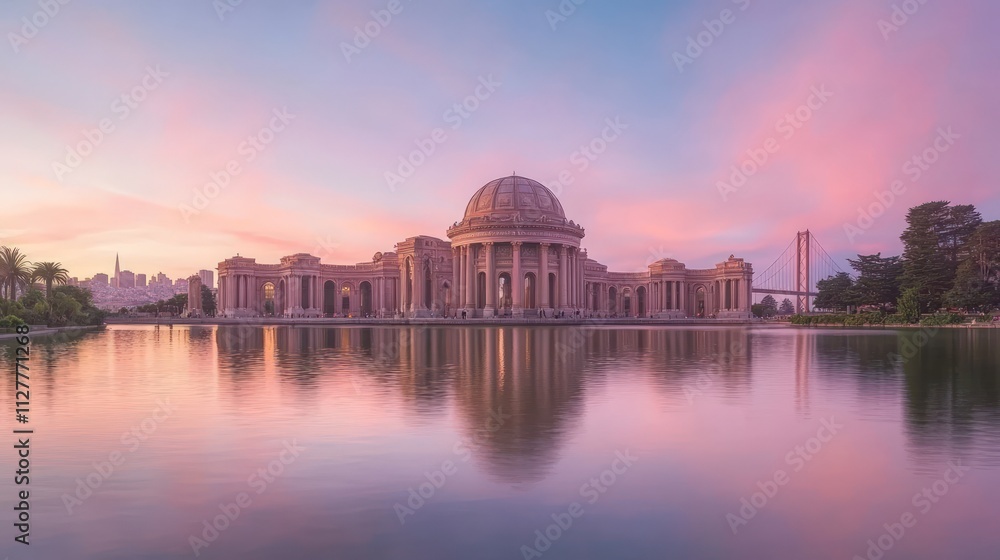 Obraz premium Sunset reflects on serene building, peaceful lake.