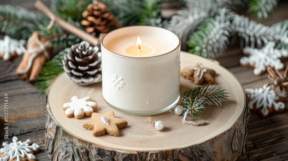 White Christmas candle on rustic wooden boards - Decoration with natural elements, twigs, pine cones and cookies - Advent background with copy space White Christmas candle on rustic wooden boards - Decoration with natural elements, twigs, pine cones and cookies - Advent background with copy space