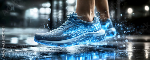 Runner Foot Strikes Wet Pavement with Glowing Shoe photo