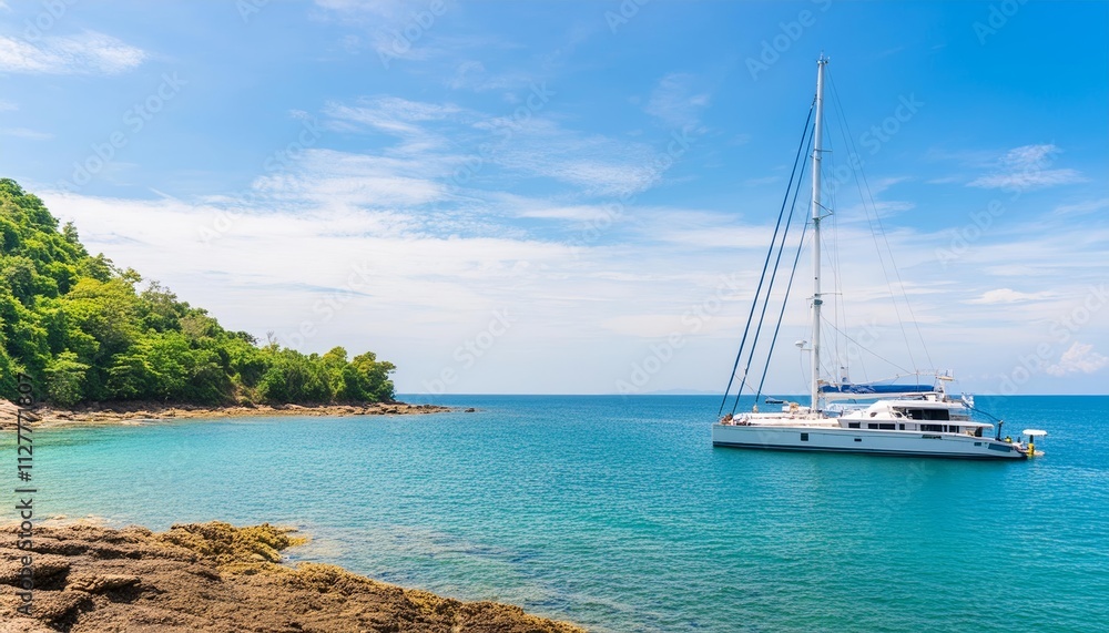 Stunning yacht gracefully sailing across the tranquil sea under a vibrant blue sky, capturing the essence of luxury and adventure on the open water, perfect for nautical enthusiasts and Stunning yacht gracefully sailing across the tranquil sea under a vibrant blue sky, capturing the essence of luxury and adventure on the open water, perfect for nautical enthusiasts and