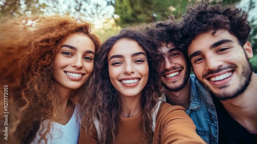 Friends Smiling Taking Selfie Outdoors in a Diverse Group