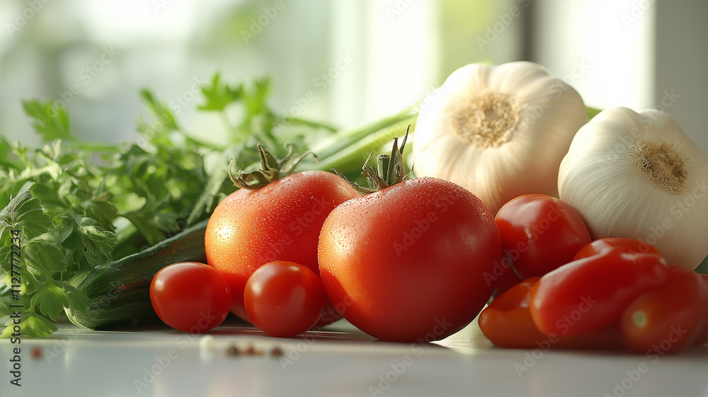 Fresh vegetables, Tomatoes, garlic, and greens. Concept of healthy eating and nutrition. Fresh vegetables, Tomatoes, garlic, and greens. Concept of healthy eating and nutrition.