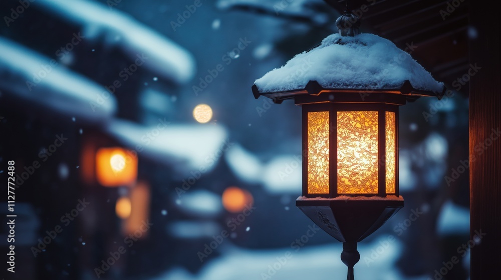 A glowing lantern covered in snow, illuminating a winter scene with softly falling snowflakes. A glowing lantern covered in snow, illuminating a winter scene with softly falling snowflakes.