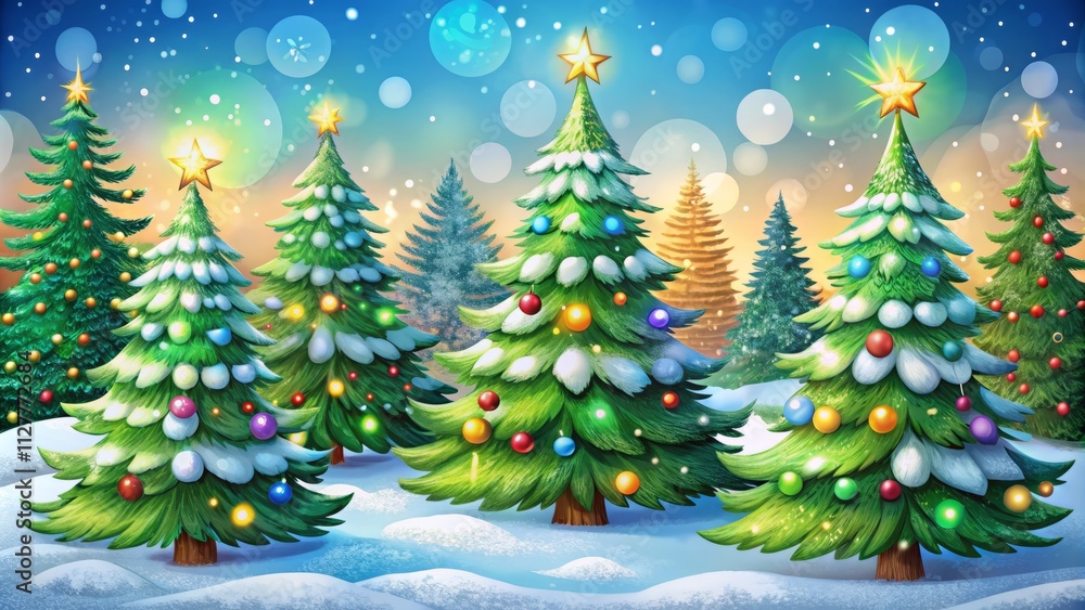 Obraz premium Snowy Cartoon Christmas Trees Night Photography - Festive Winter Holiday