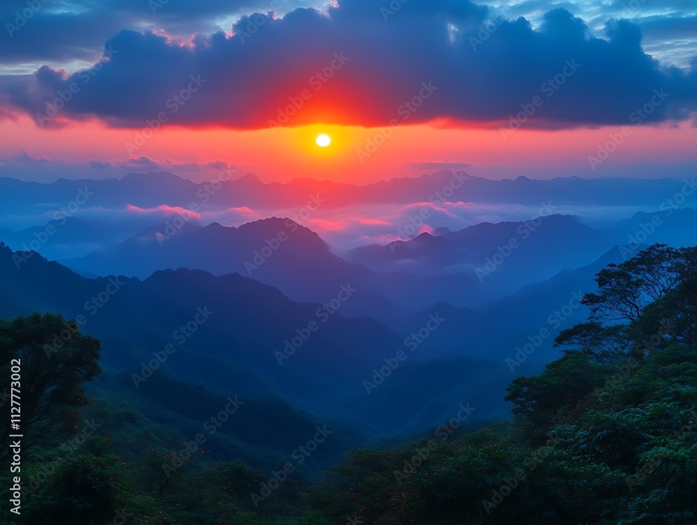 Majestic Sunrise Over Misty Mountain Ranges Majestic Sunrise Over Misty Mountain Ranges