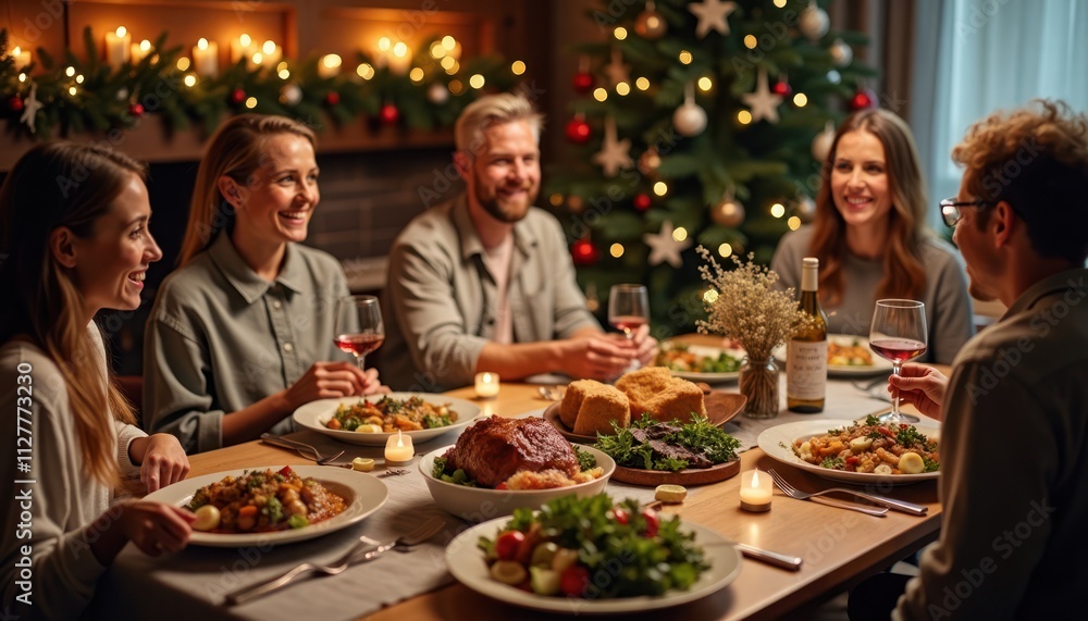 Happy family enjoys Christmas dinner around table. People are smiling, eating. Cozy home atmosphere with Christmas tree in background. Family celebration with traditional food. Warm, joyful mood. Happy family enjoys Christmas dinner around table. People are smiling, eating. Cozy home atmosphere with Christmas tree in background. Family celebration with traditional food. Warm, joyful mood.