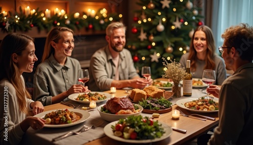 Happy family enjoys Christmas dinner around table. People are smiling, eating. Cozy home atmosphere with Christmas tree in background. Family celebration with traditional food. Warm, joyful mood.