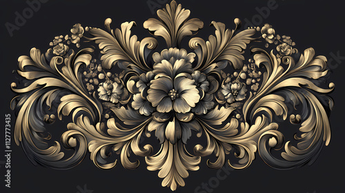 Ai-generated baroque floral ornaments monogram bas relief with rococo elements on dark background, baroque, floral. Rococo. Illustration photo