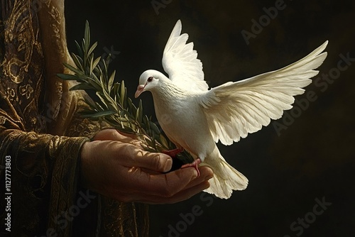 Priest holding a white dove and an olive branch, embodying symbols of peace, hope, and spirituality. Representing faith and harmony in a serene, dark background