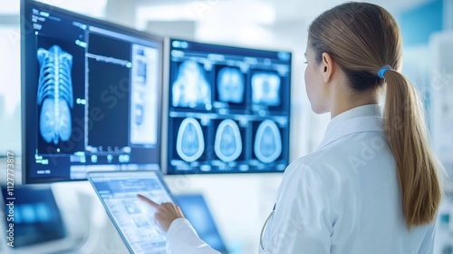 Female Radiologist Analyzing Medical Imaging on Digital Screen