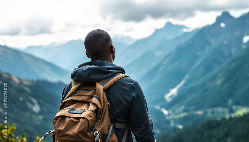 Back, relax and view with a black man hiking in the mountains for travel, freedom or adventure in a remote location. Hike, break and scenic with a backpacker or hiker outdoor in nature to explore is