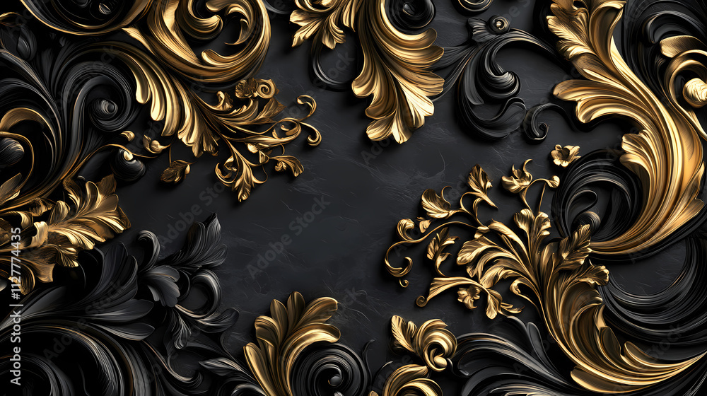 Baroque black and gold ornament with textured, lavish surface and rococo elements. Rococo. Illustration Baroque black and gold ornament with textured, lavish surface and rococo elements. Rococo. Illustration