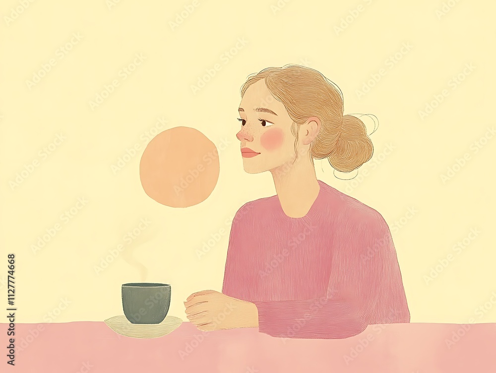 Woman enjoys a warm drink while gazing thoughtfully Woman enjoys a warm drink while gazing thoughtfully