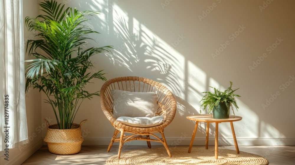 Sunlit room corner with rattan chair, plants, and side table. Sunlit room corner with rattan chair, plants, and side table.